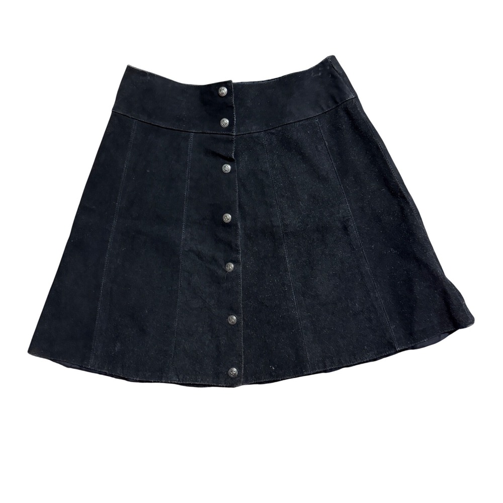 Mona Mode Vintage Black Genuine Leather Suede Button Front Star Skirt Womens 14